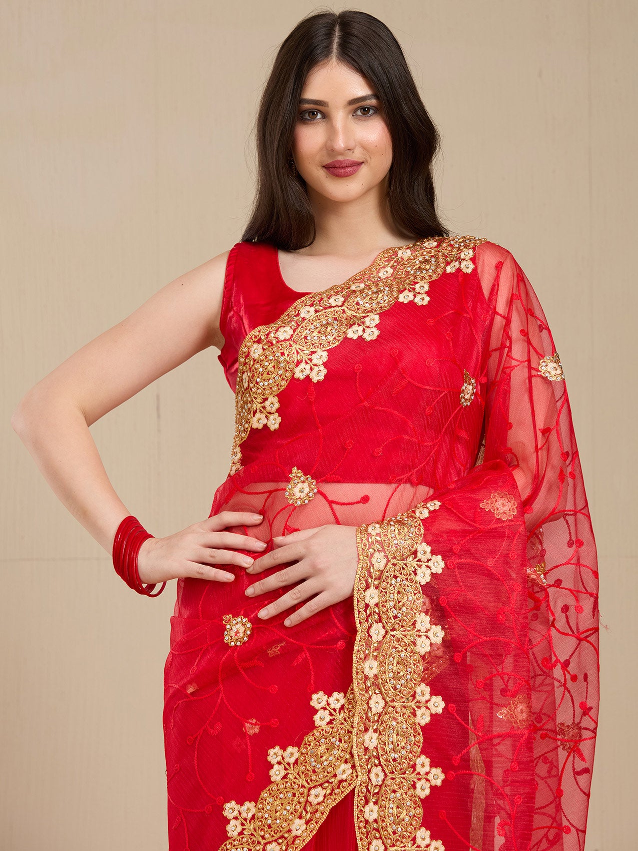 Vervee Couture Red Pure Net Saree with Floral Zari Border | EKA