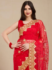 Vervee Couture Red Pure Net Saree with Floral Zari Border | EKA