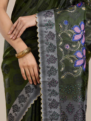 Vervee Couture Olive Green Grey Woven Silk Blend Saree | EKA