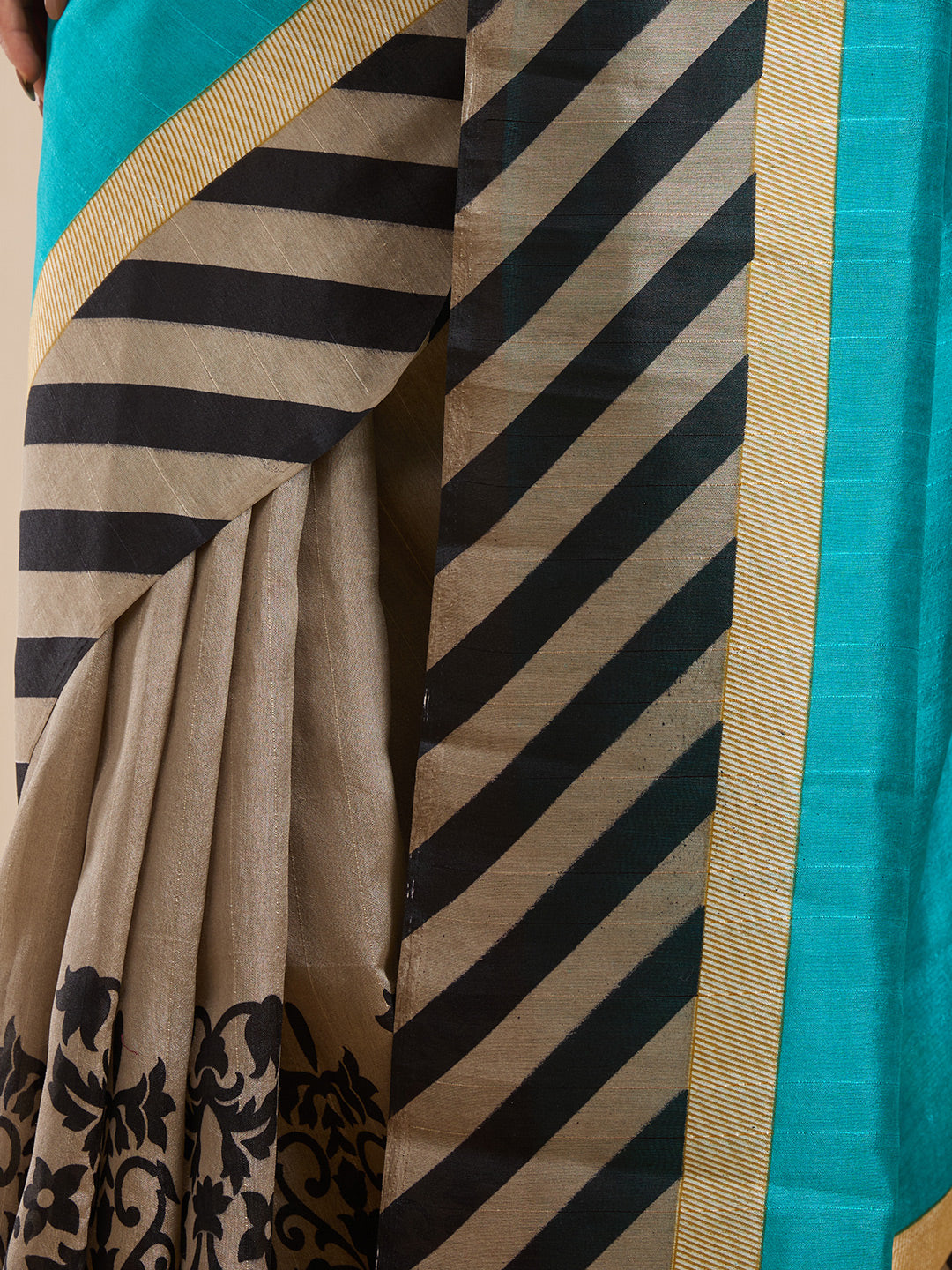 Vervee Couture Teal Beige Silk Blend Striped Saree | EKA