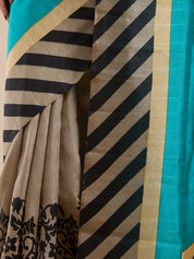 Vervee Couture Teal Beige Silk Blend Striped Saree | EKA