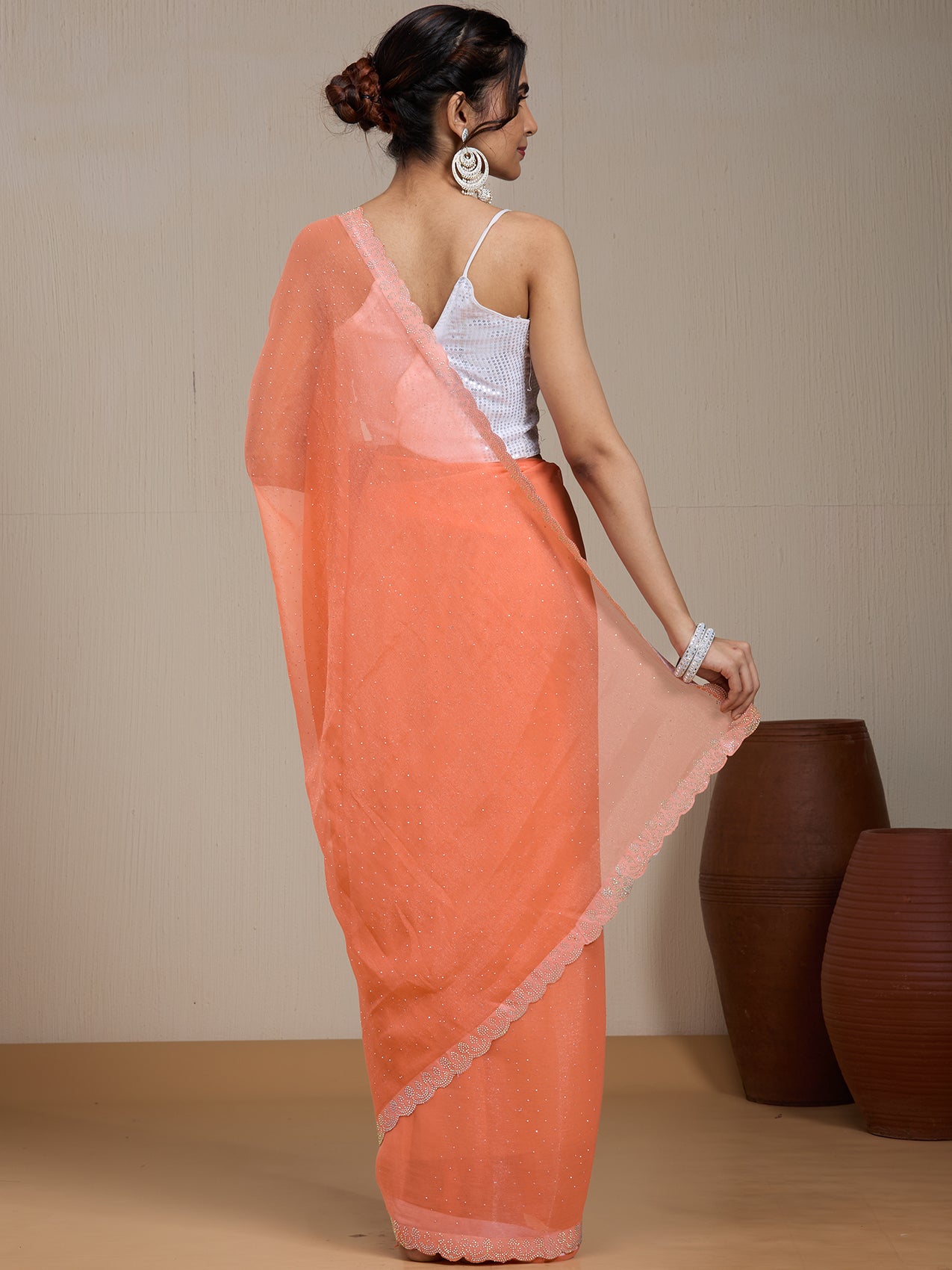 Vervee Couture Orange Poly Georgette Saree with Embellished Border and Semi Stitched Blouse | EKA
