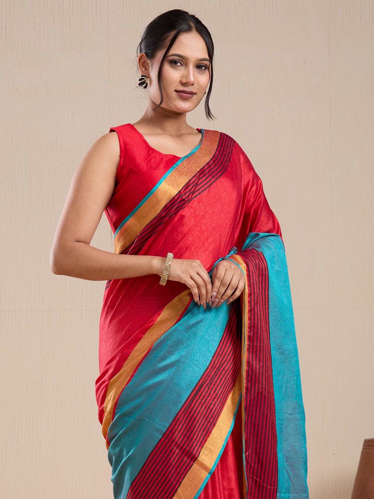 Vervee Couture Red Silk Blend Saree with Contrast Border | EKA