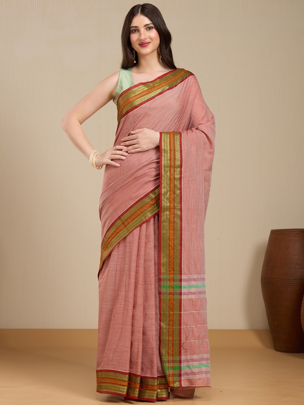 Vervee Couture Pink Silk Blend Saree with Contrast Zari Border | EKA