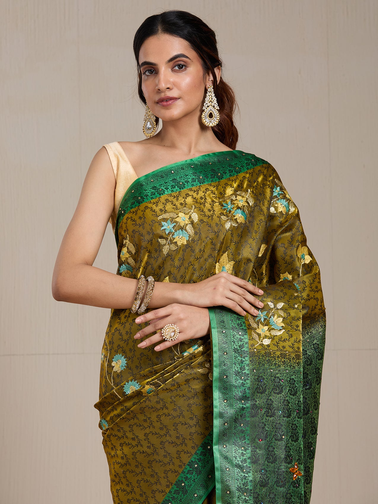 Vervee Couture Green Floral Printed Silk Blend Saree with Zari Border | EKA