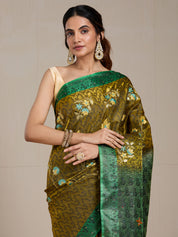 Vervee Couture Green Floral Printed Silk Blend Saree with Zari Border | EKA