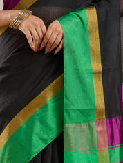 Vervee Couture Black Silk Blend Saree with Zari Border and Semi Stitched Blouse | EKA