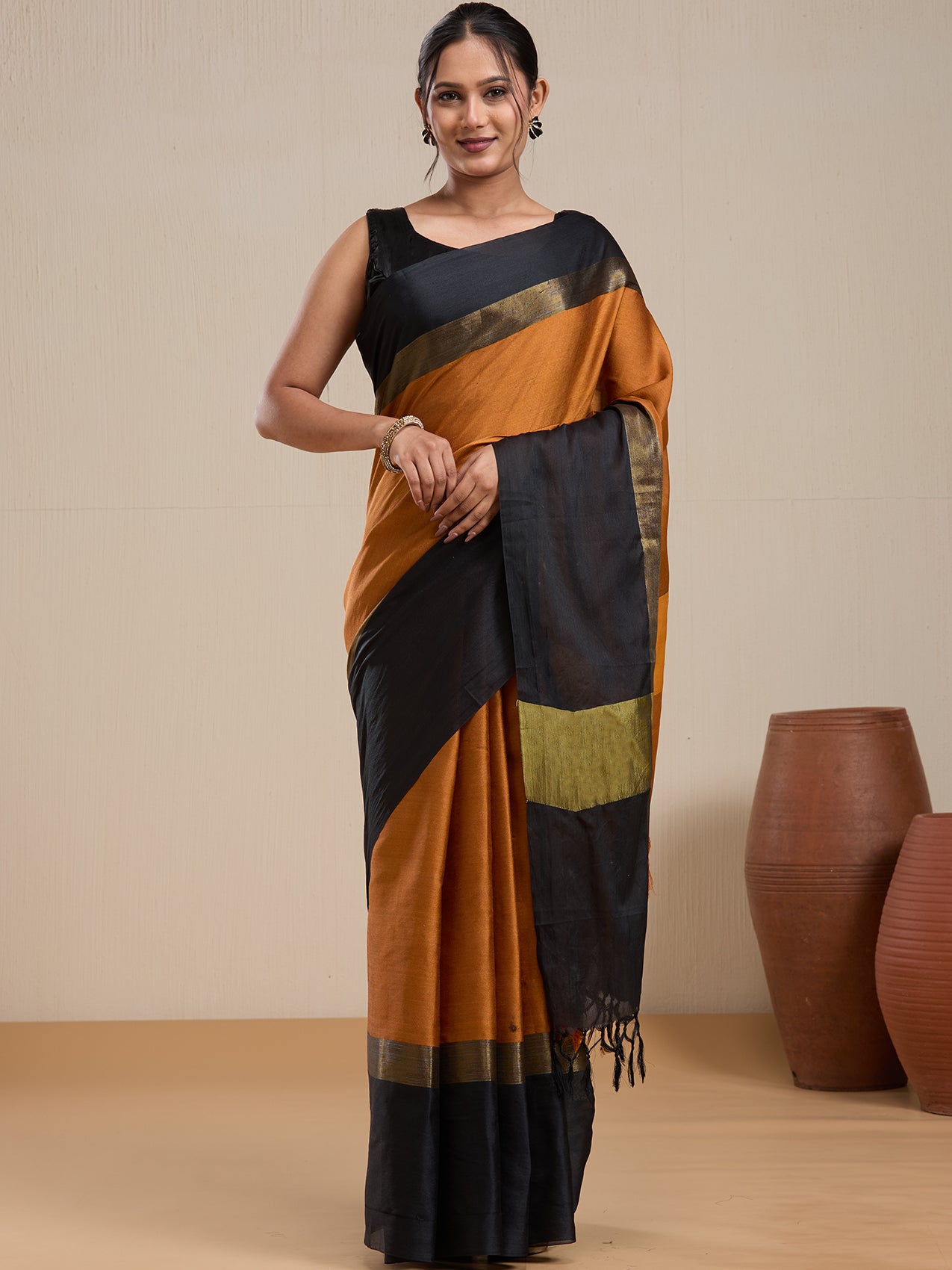 Vervee Couture Mustard Silk Blend Saree with Zari Border and Semi Stitched Blouse | EKA