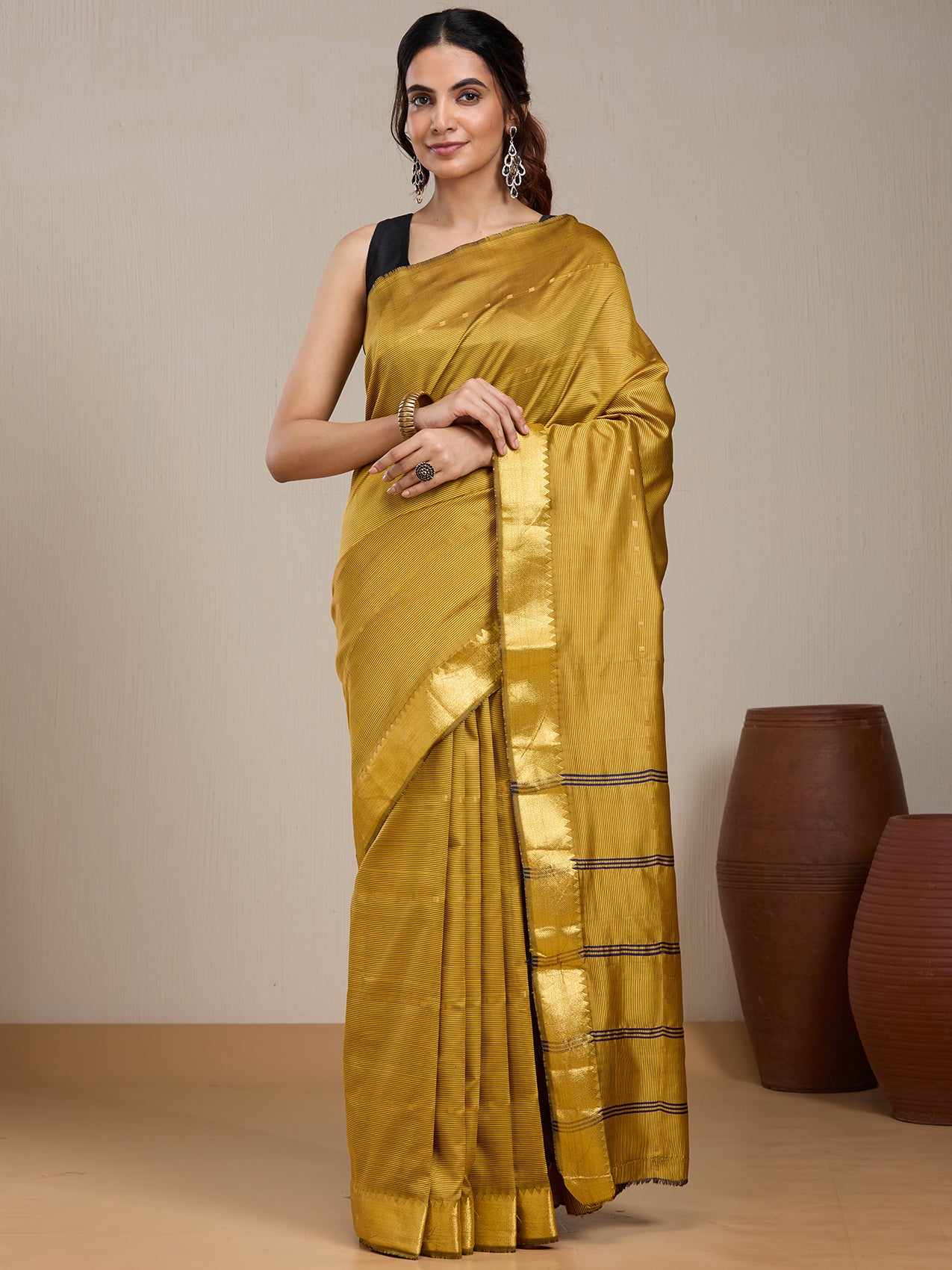 Vervee Couture Gold Silk Blend Saree with Subtle Zari Detail | EKA