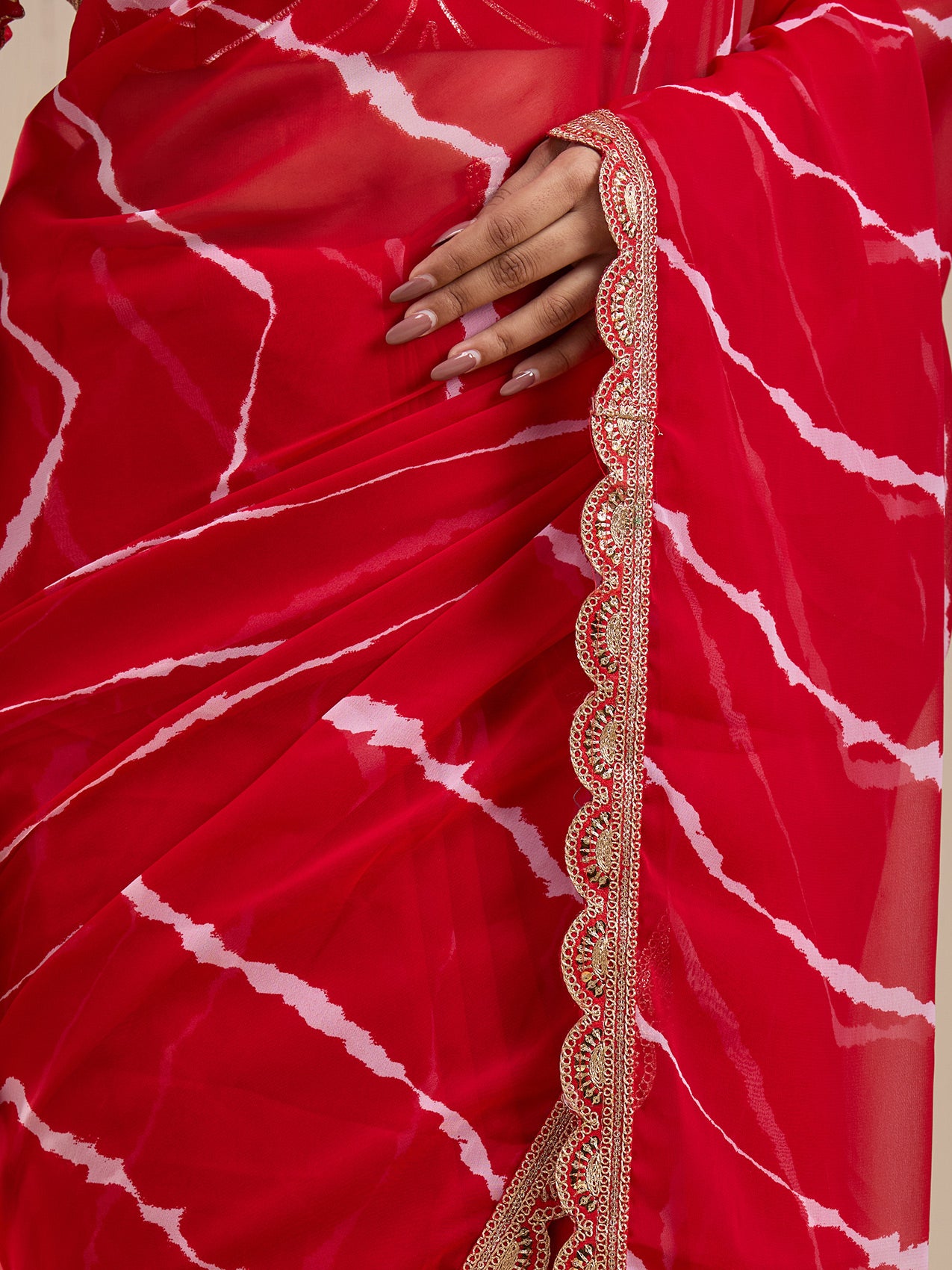 Vervee Couture Red Tie Dye Poly Georgette Saree with Embellished Border | EKA