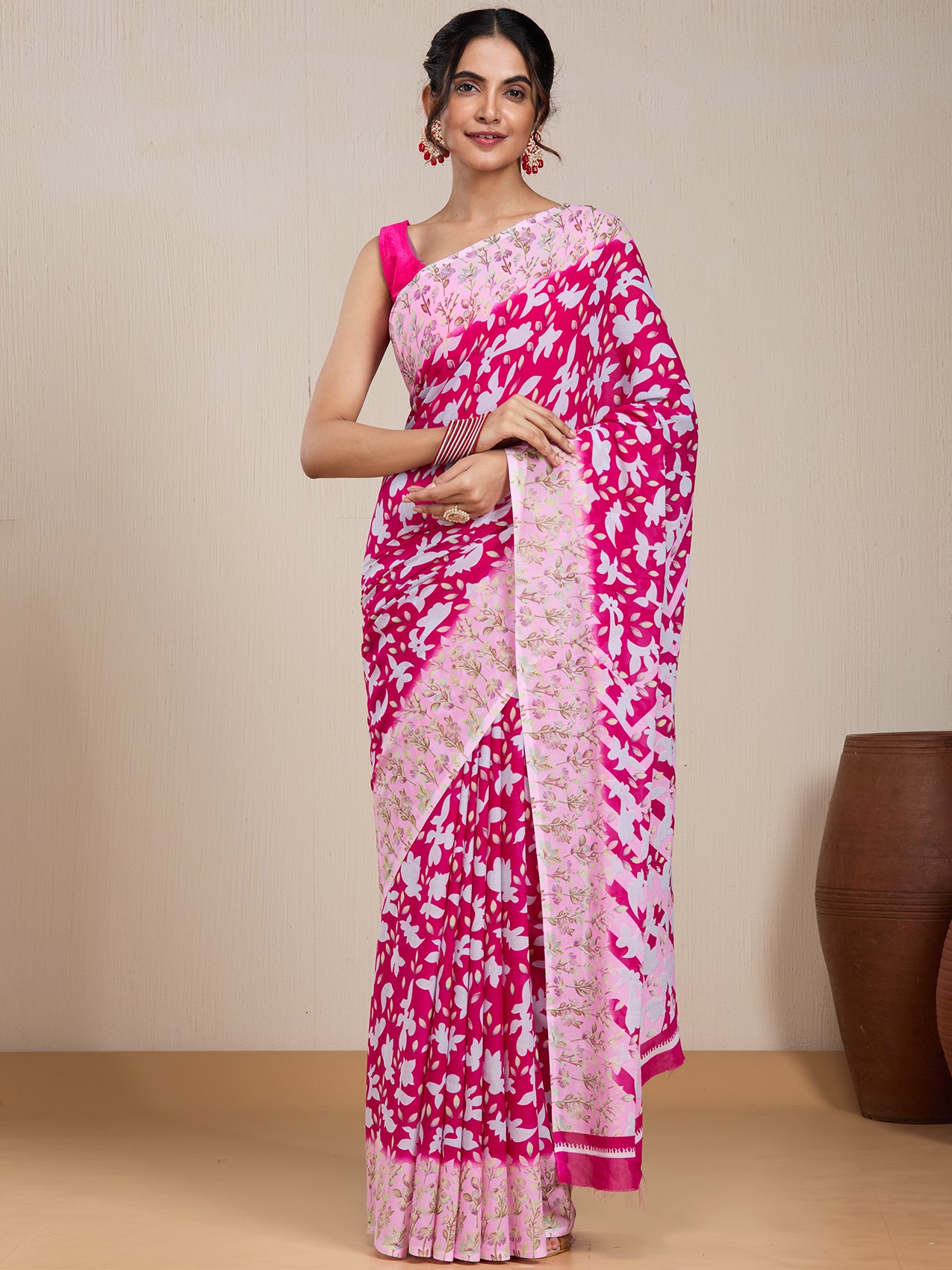 Vervee Couture Pink White Floral Printed Poly Georgette Saree | EKA