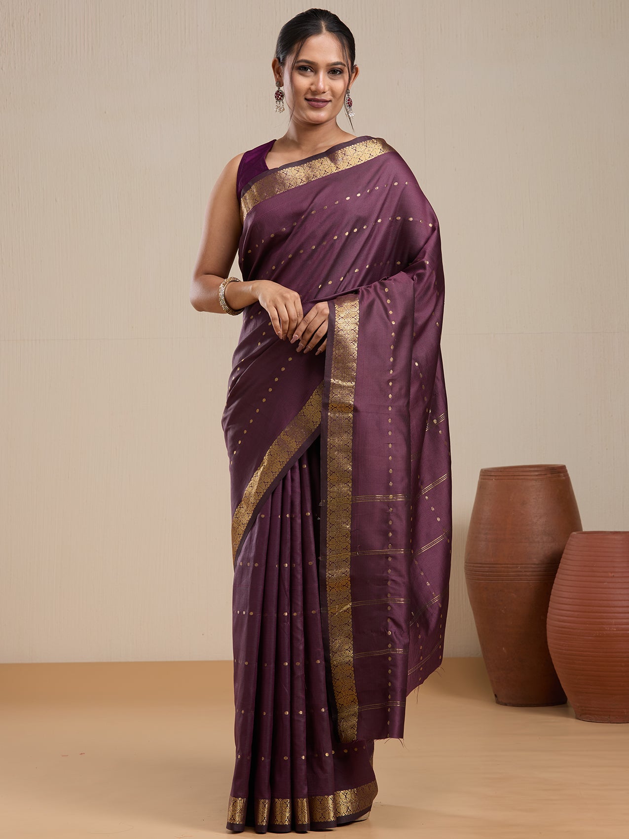 Vervee Couture Wine Purple Silk Blend Saree with Zari Border and Semi Stitched Blouse | EKA