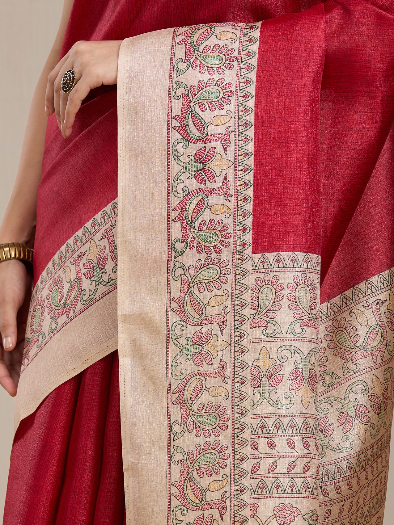 Vervee Couture Red Silk Blend Saree with Ethnic Motif Border | EKA
