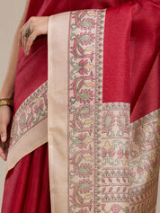 Vervee Couture Red Silk Blend Saree with Ethnic Motif Border | EKA