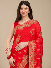 Vervee Couture Red Poly Georgette Saree with Traditional Zari Design | EKA