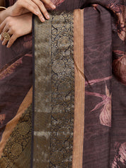 Vervee Couture Coffee Brown Gold Printed Silk Blend Saree with Semi Stitched Blouse | EKA