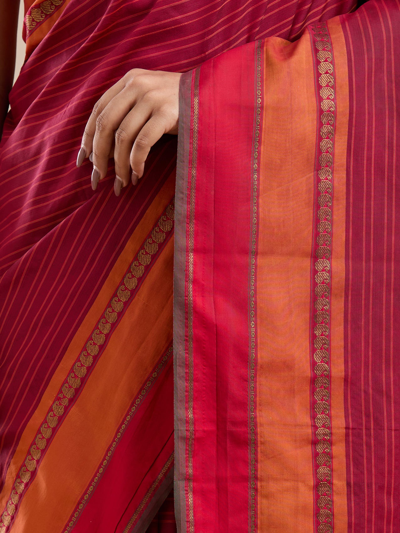 Vervee Couture Red Striped Silk Blend Saree with Contrast Border and Semi Stitched Blouse | EKA
