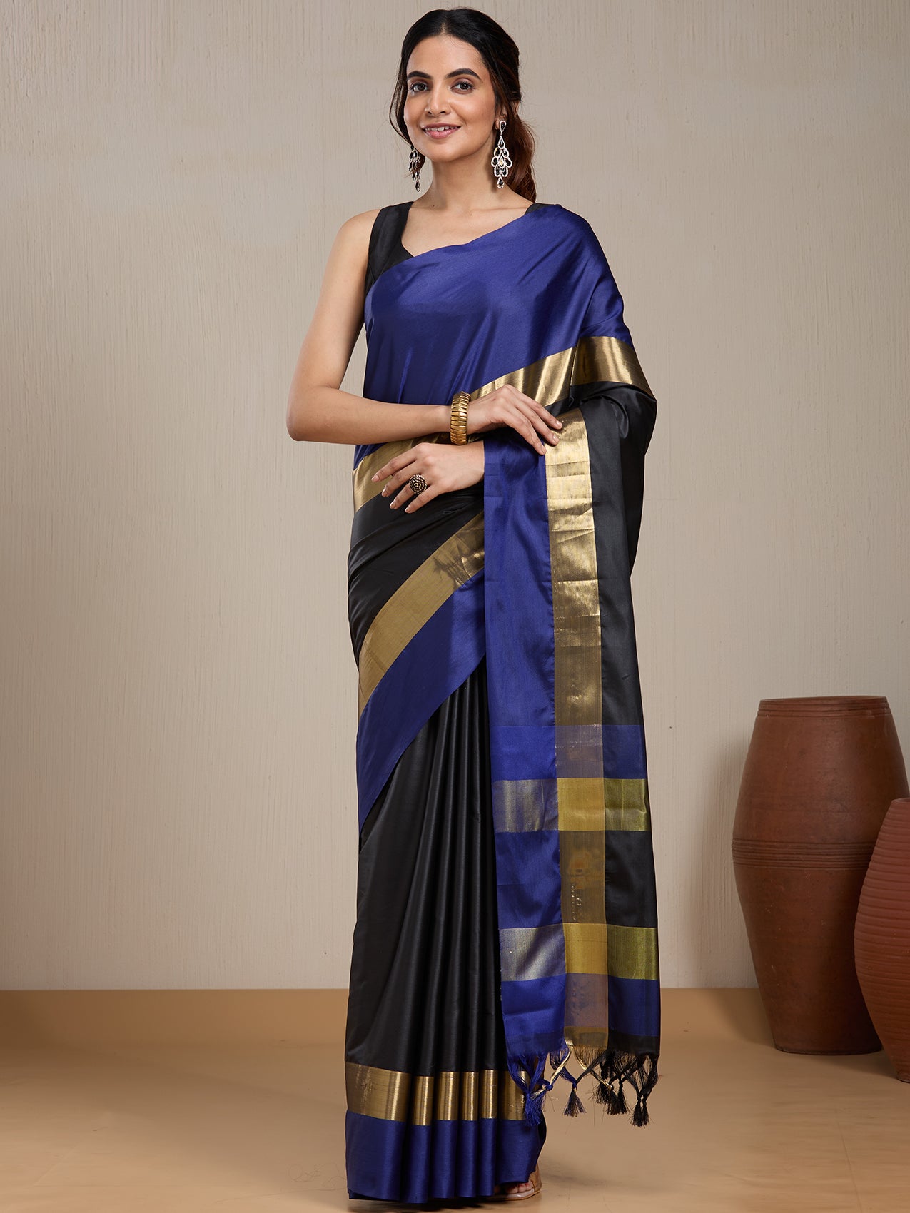 Vervee Couture Blue Black Silk Blend Saree with Zari Border | EKA