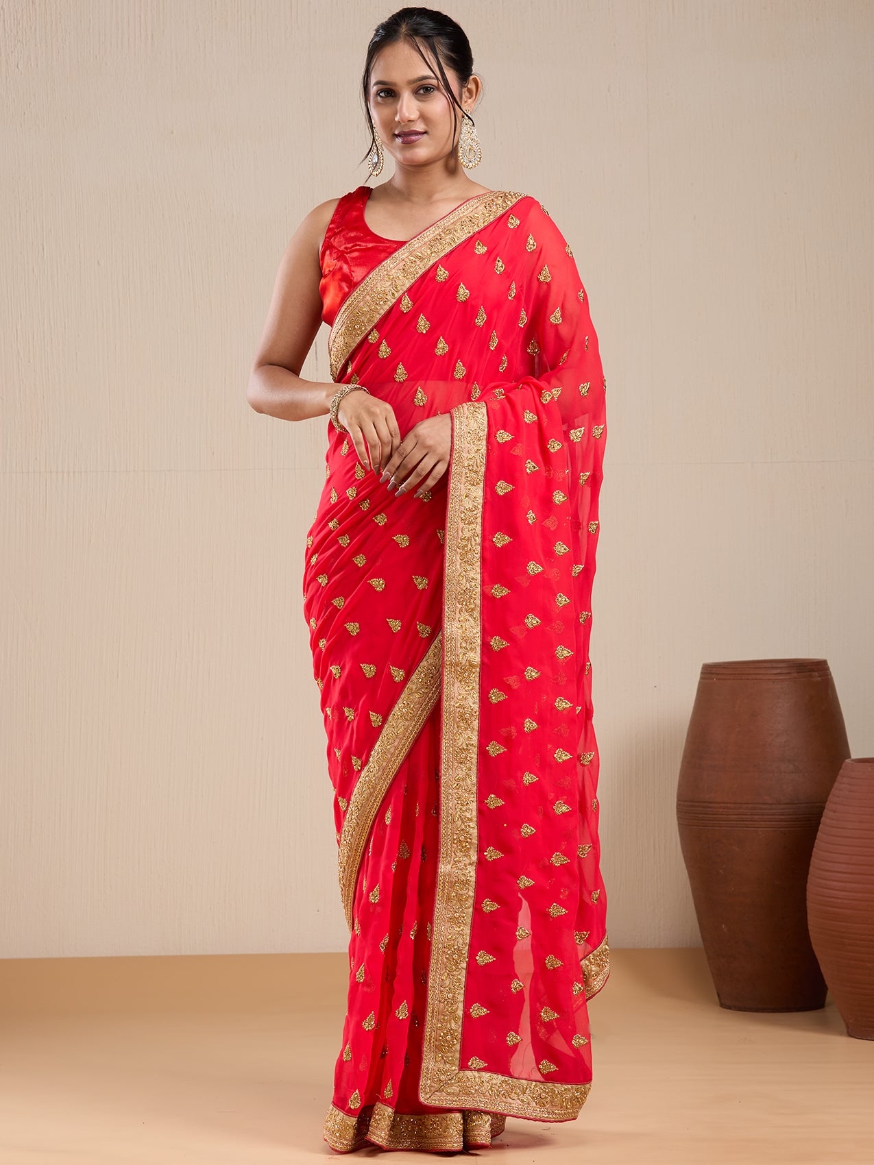 Vervee Couture Red Poly Georgette Saree with Woven Butti Border | EKA