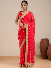 Vervee Couture Red Poly Georgette Saree with Woven Butti Border | EKA
