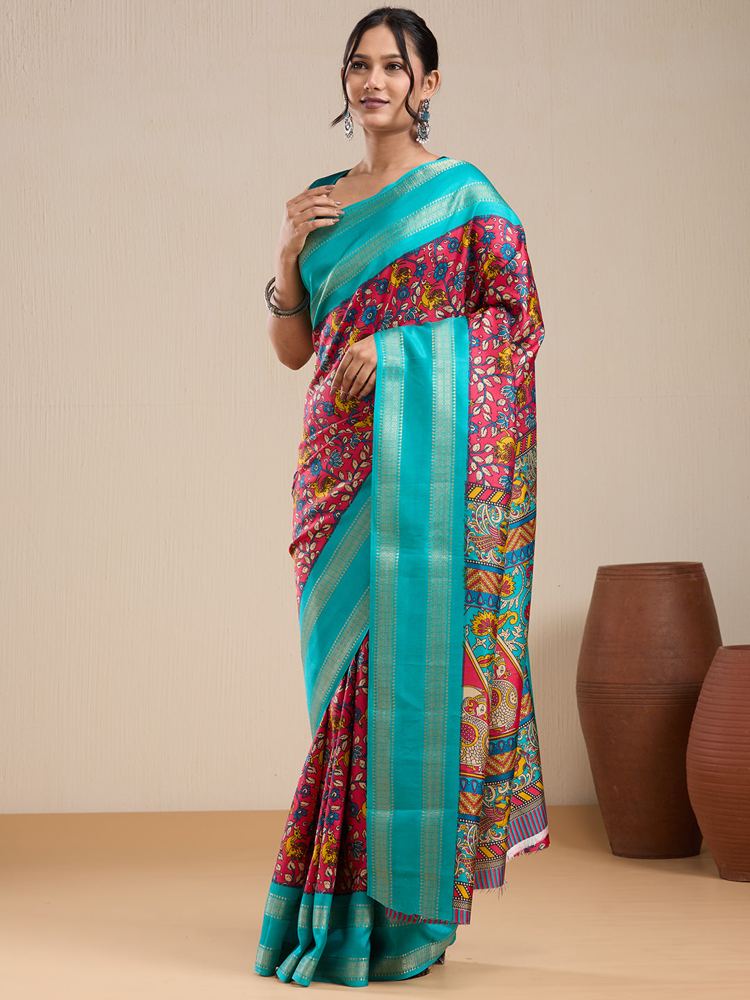 Vervee Couture Teal Red Floral Silk Blend Saree | EKA