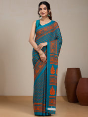 Vervee Couture Teal Printed Poly Georgette Saree with Contrast Border | EKA