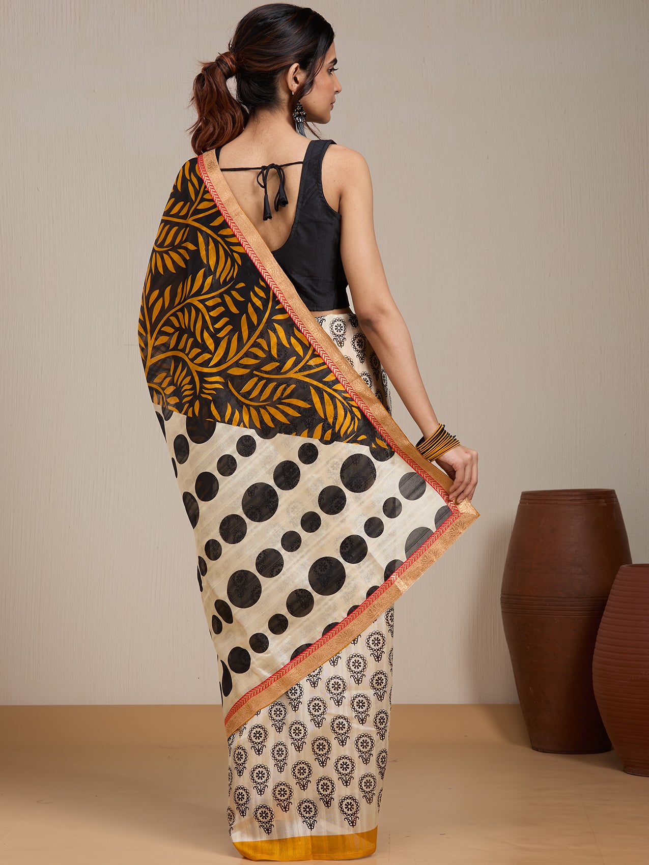 Vervee Couture Mustard Black Floral Poly Georgette Saree | EKA