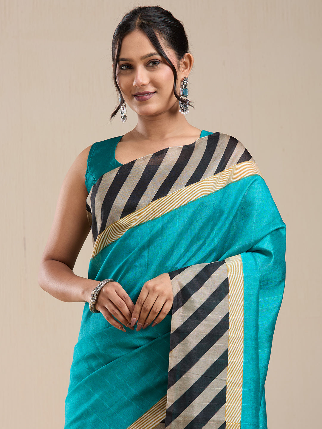 Vervee Couture Teal Beige Silk Blend Striped Saree | EKA