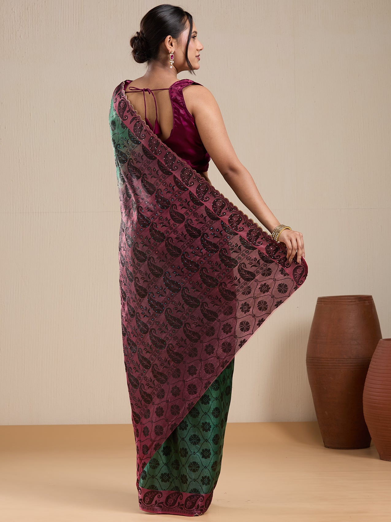 Vervee Couture Green Banarasi Silk Blend Saree with Zari Border and Semi Stitched Blouse | EKA