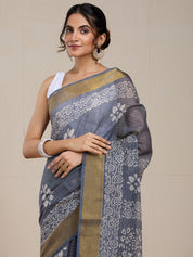 Vervee Couture Grey White Floral Silk Blend Saree with Semi Stitched Blouse | EKA