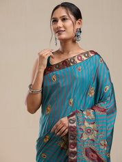 Vervee Couture Teal Silk Blend Saree with Thread Work Border and Semi Stitched Blouse | EKA