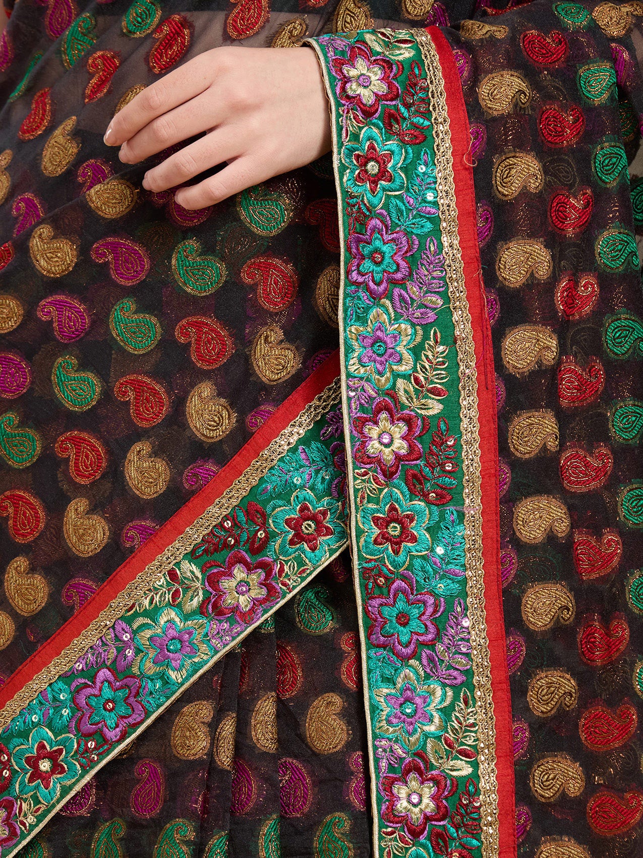 Vervee Couture Black Printed Poly Georgette Saree with Contrast Border | EKA