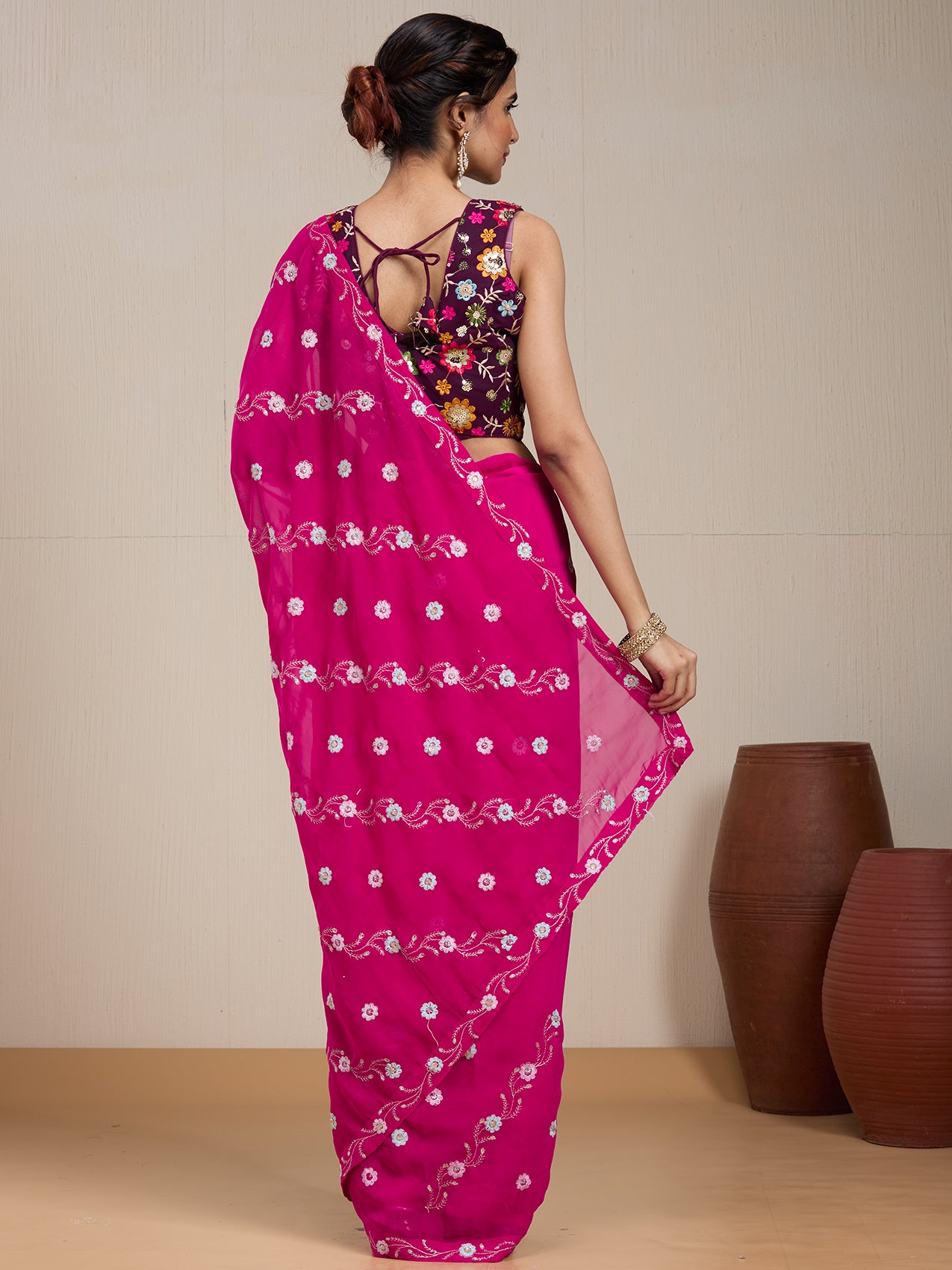 Vervee Couture Pink Embroidered Poly Georgette Saree with Semi Stitched Blouse | EKA