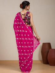 Vervee Couture Pink Embroidered Poly Georgette Saree with Semi Stitched Blouse | EKA
