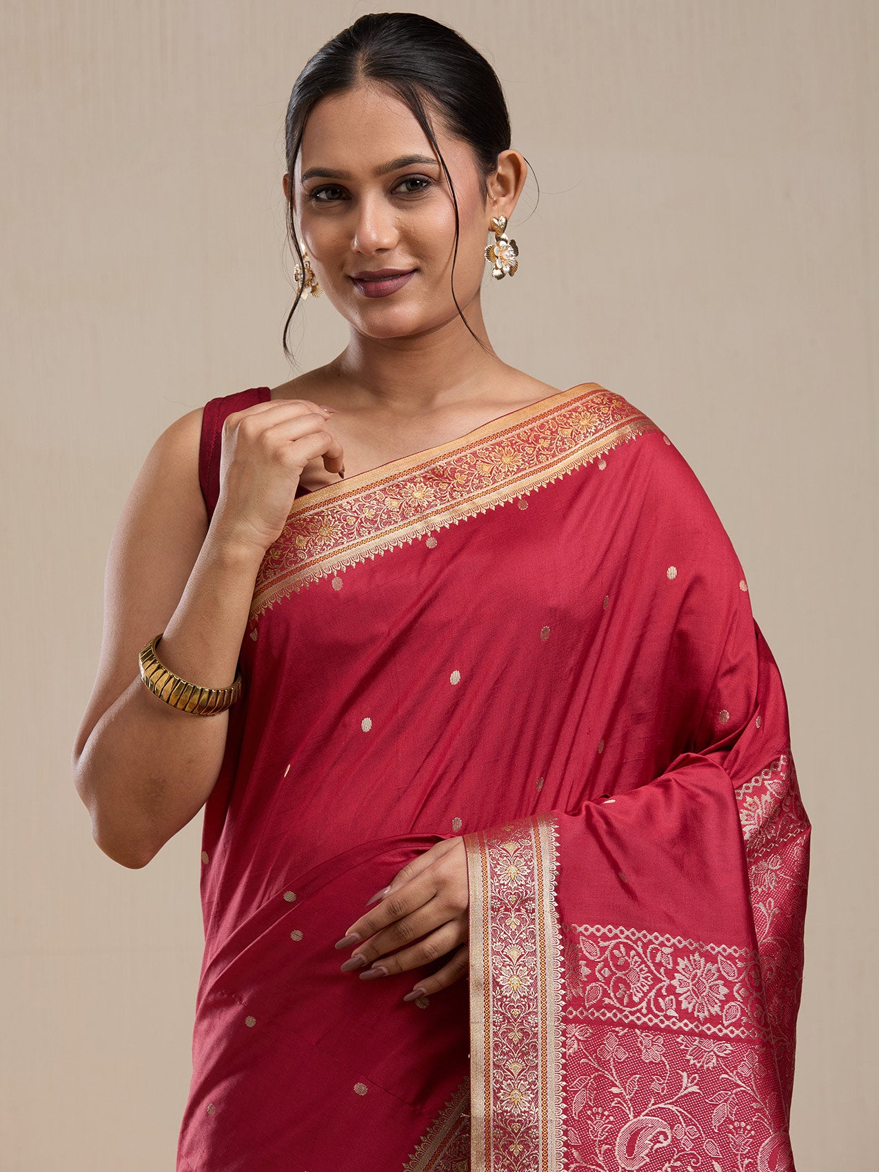 Vervee Couture Red Silk Blend Zari Saree with Semi Stitched Blouse | EKA