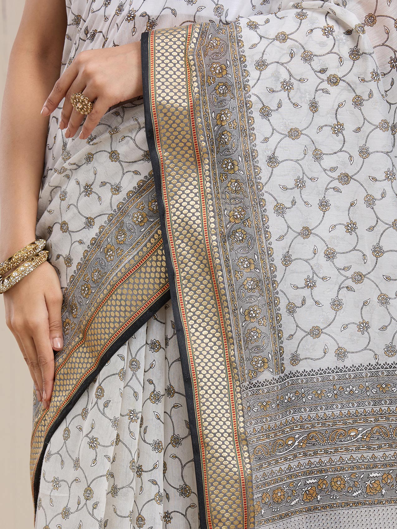 Vervee Couture Off White Grey Floral Silk Blend Saree | EKA