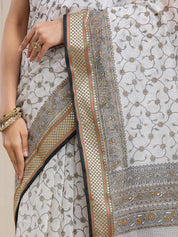 Vervee Couture Off White Grey Floral Silk Blend Saree | EKA