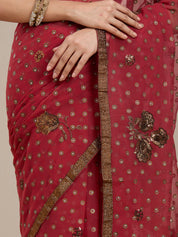 Vervee Couture Red Embellished Poly Georgette Saree with Ethnic Motifs | EKA