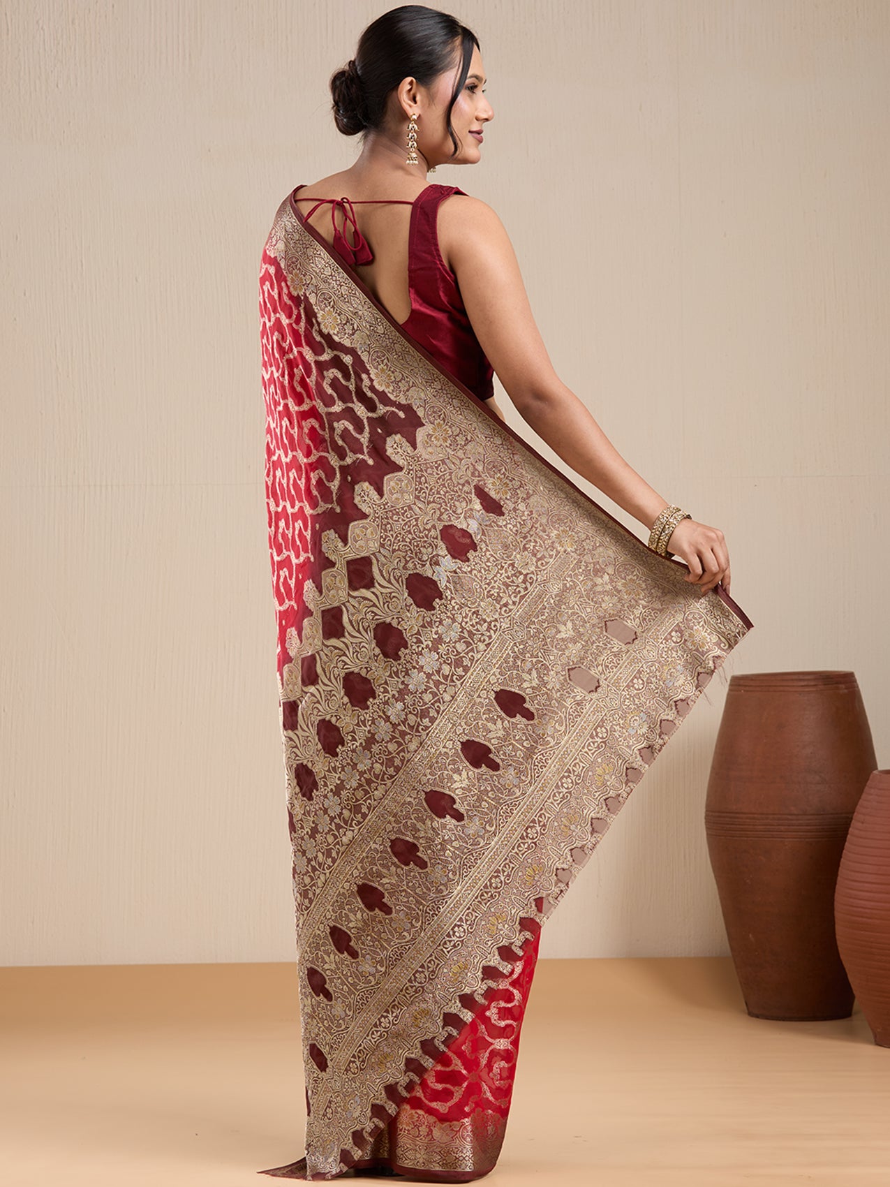 Vervee Couture Red Printed Poly Georgette Saree with Zari Border and Semi Stitched Blouse | EKA