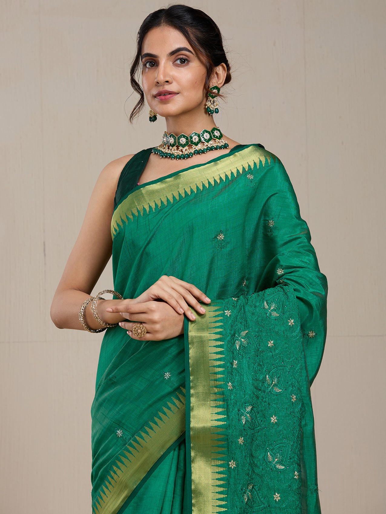 Vervee Couture Emerald Green Gold Woven Silk Blend Saree | EKA