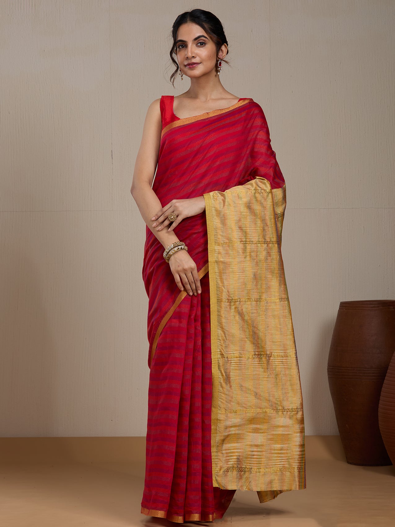 Vervee Couture Red Gold Striped Silk Blend Saree with Semi Stitched Blouse | EKA