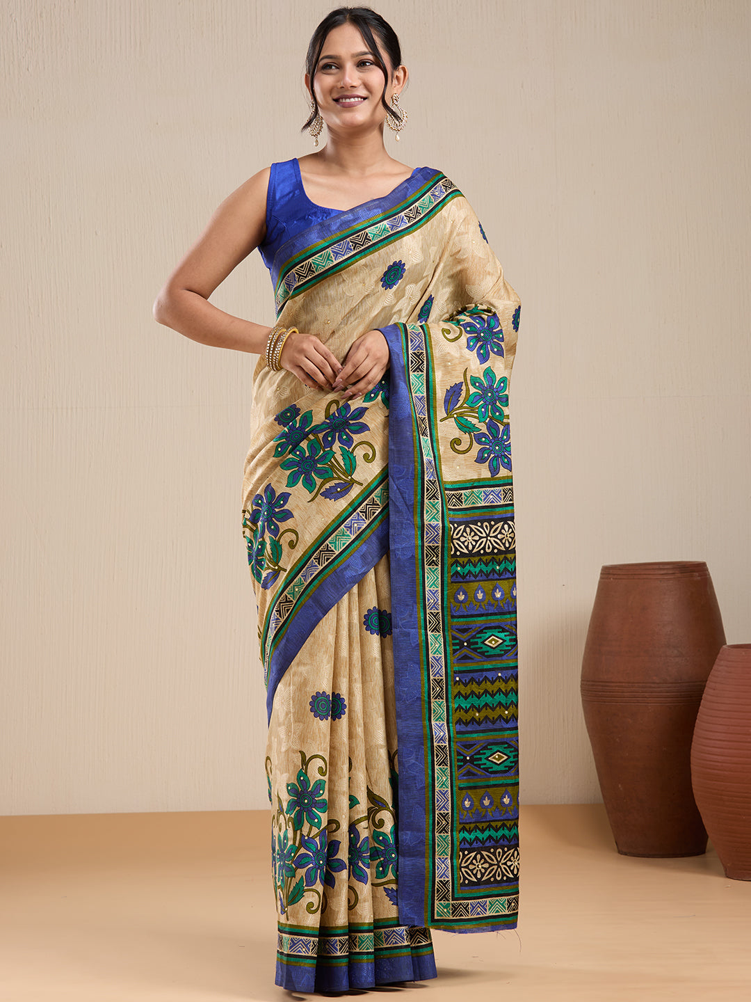 Vervee Couture Beige Silk Blend Saree with Semi Stitched Blouse | EKA