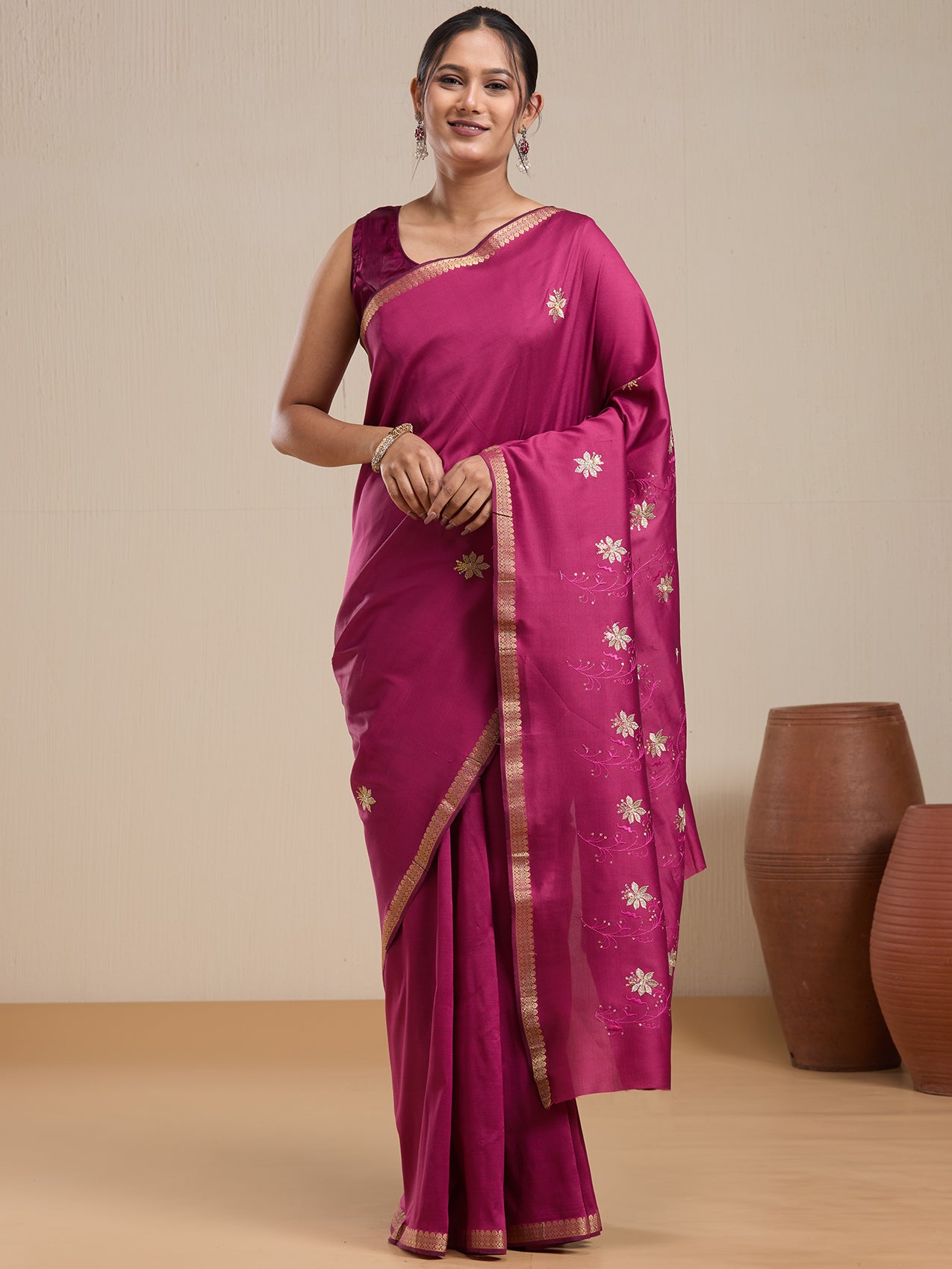 Vervee Couture Pink Silk Blend Saree with Zari Work and Semi Stitched Blouse | EKA