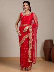 Vervee Couture Red Embellished Pure Net Saree with Sequinned Work | EKA