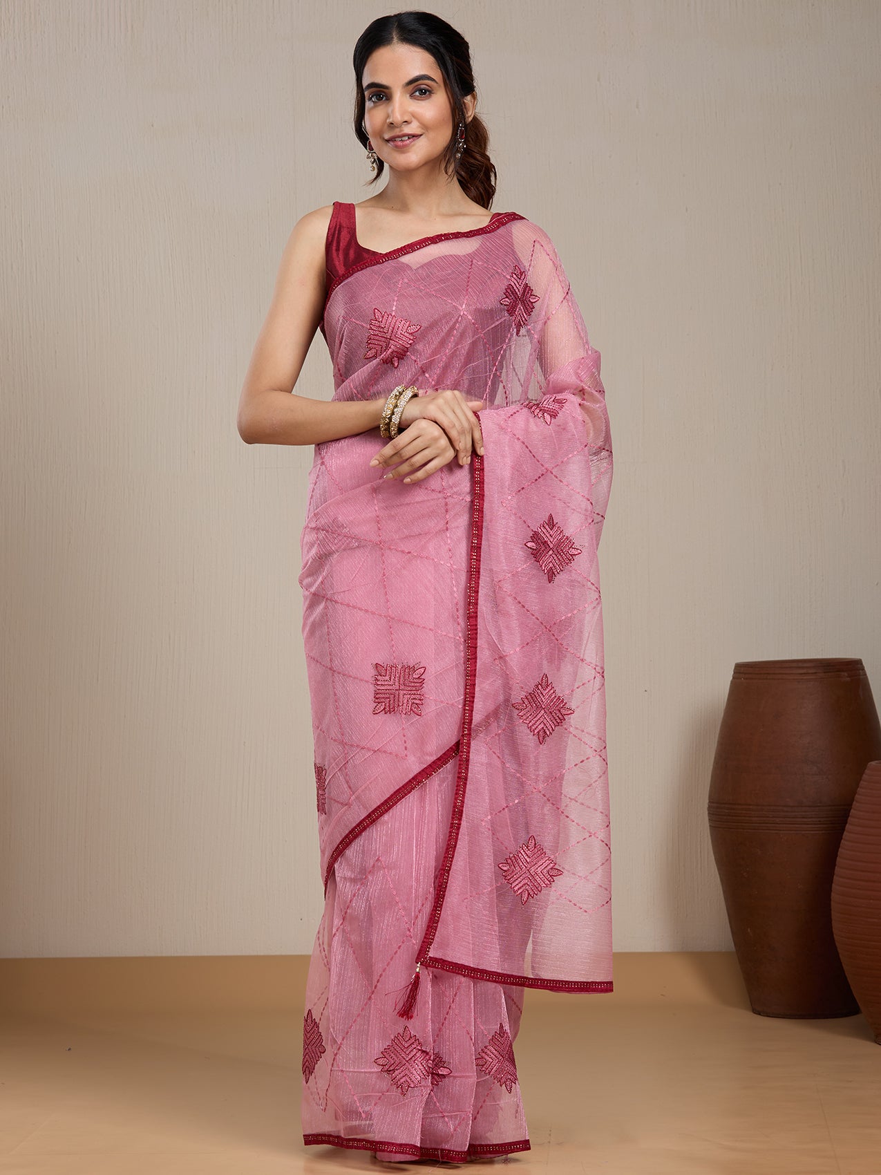 Vervee Couture Pink Embroidered Silk Blend Saree with Contrast Border | EKA