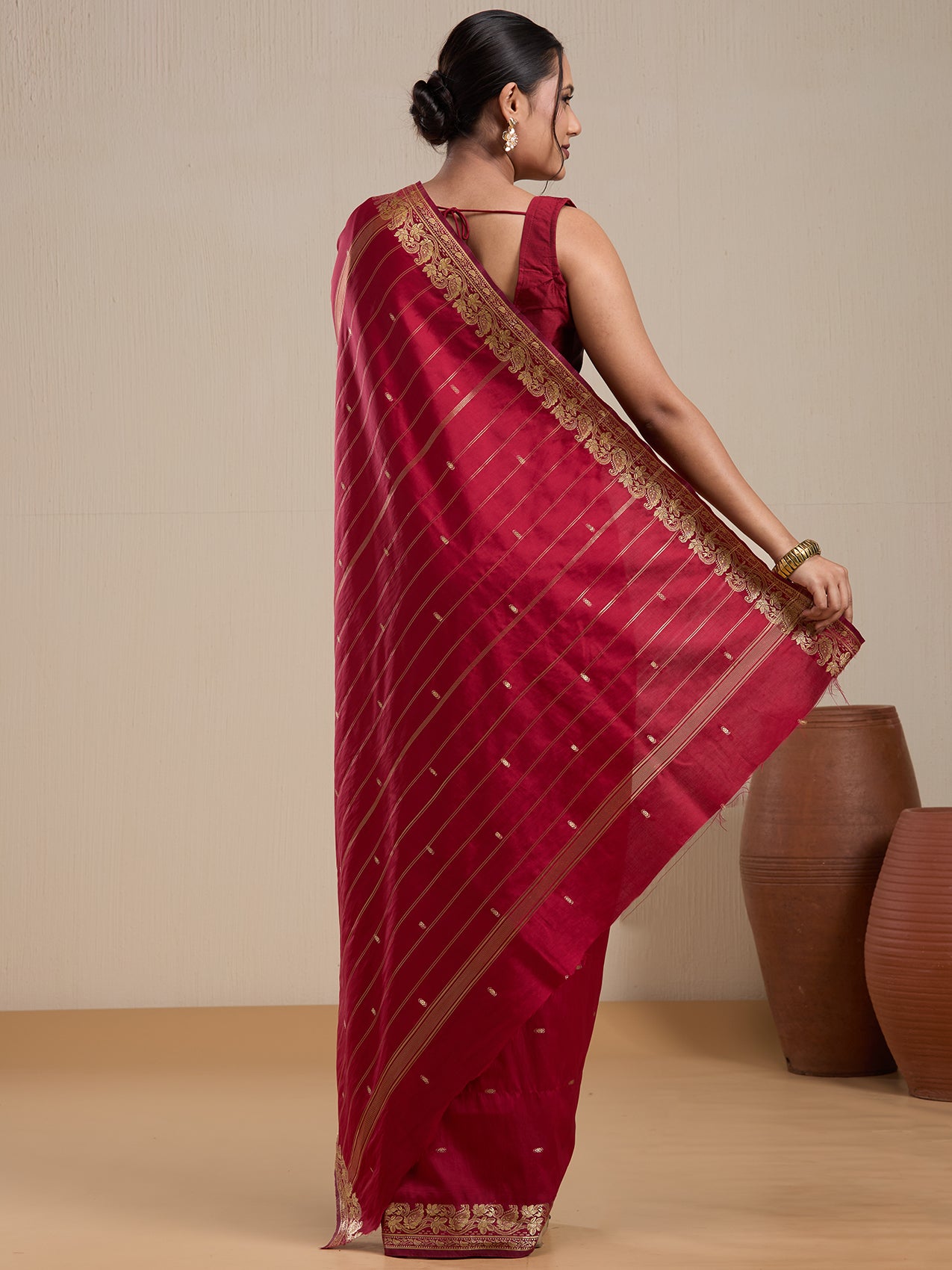 Vervee Couture Red Woven Silk Blend Saree with Semi Stitched Blouse | EKA