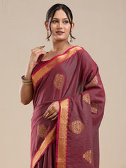 Vervee Couture Maroon Silk Blend Saree with Zari Border and Semi Stitched Blouse | EKA