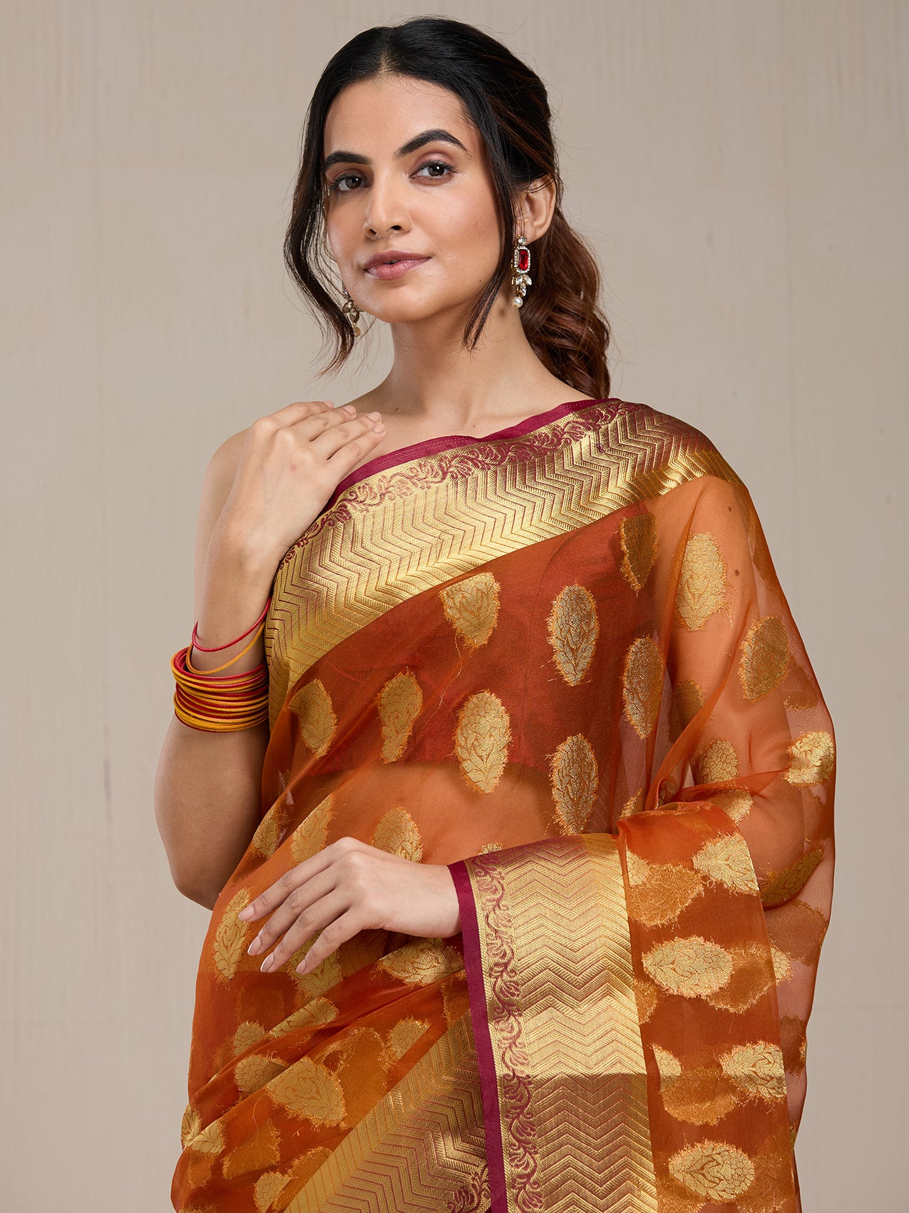 Vervee Couture Orange Woven Silk Blend Saree with Zari Border | EKA