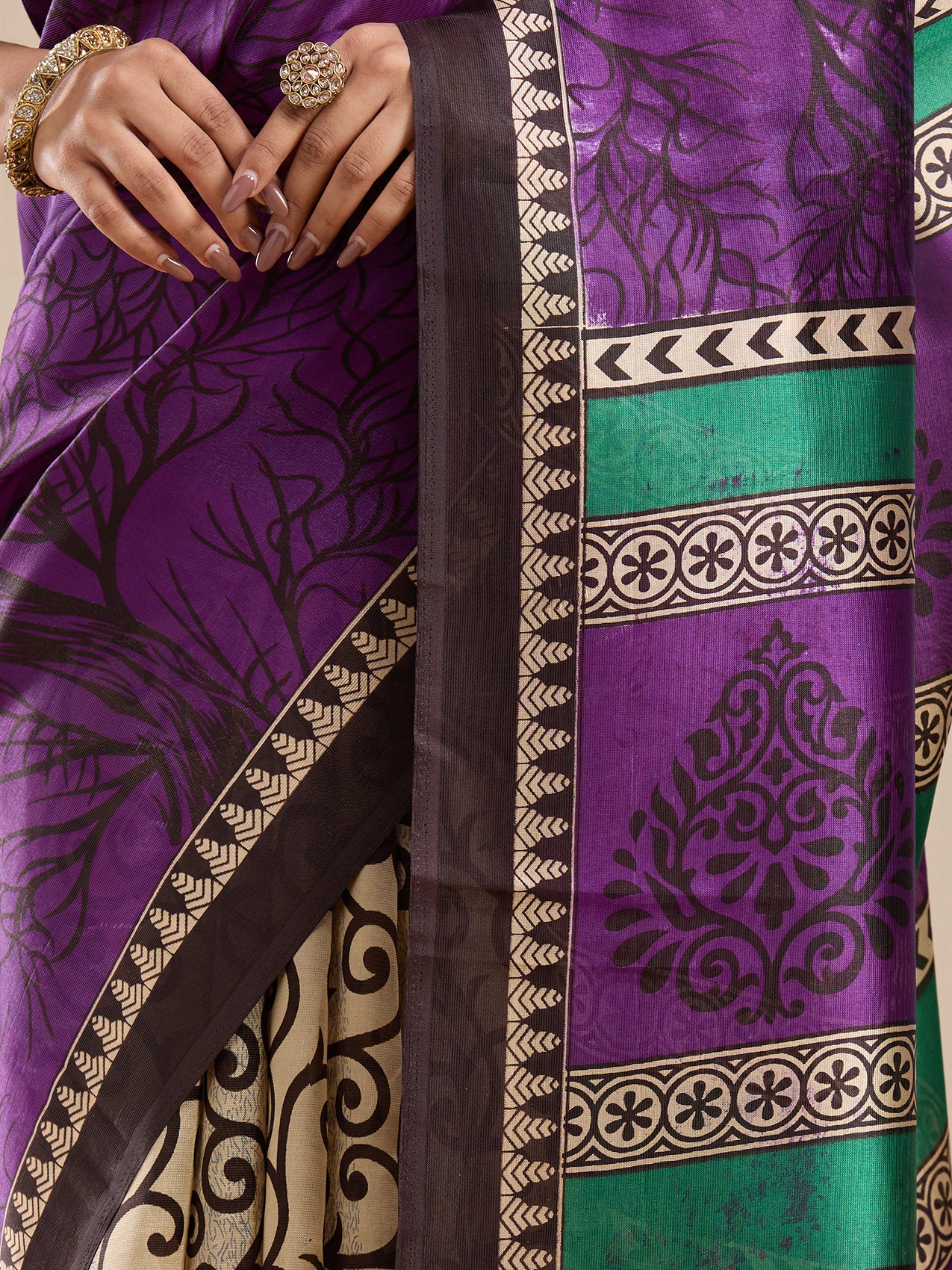 Vervee Couture Purple Beige Printed Silk Blend Saree with Semi Stitched Blouse | EKA