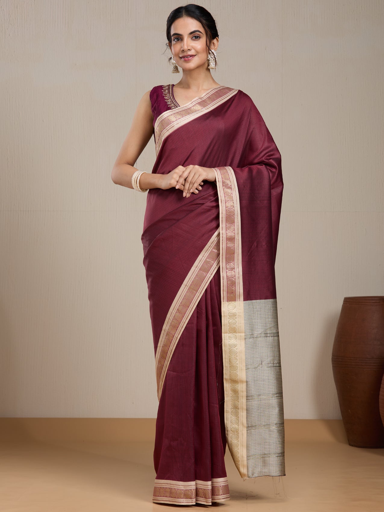 Vervee Couture Maroon Silk Blend Saree with Zari Border and Semi Stitched Blouse | EKA